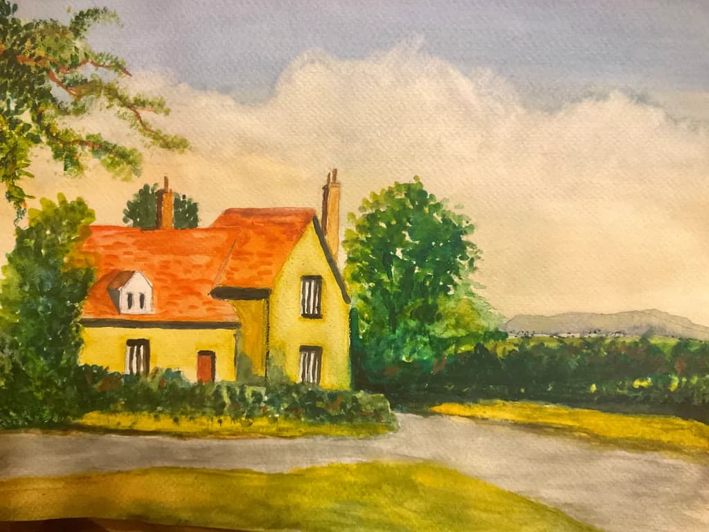 Charming Countryside Retreat: A Serene Watercolor of a Yellow Cottage Amidst Lush Greenery