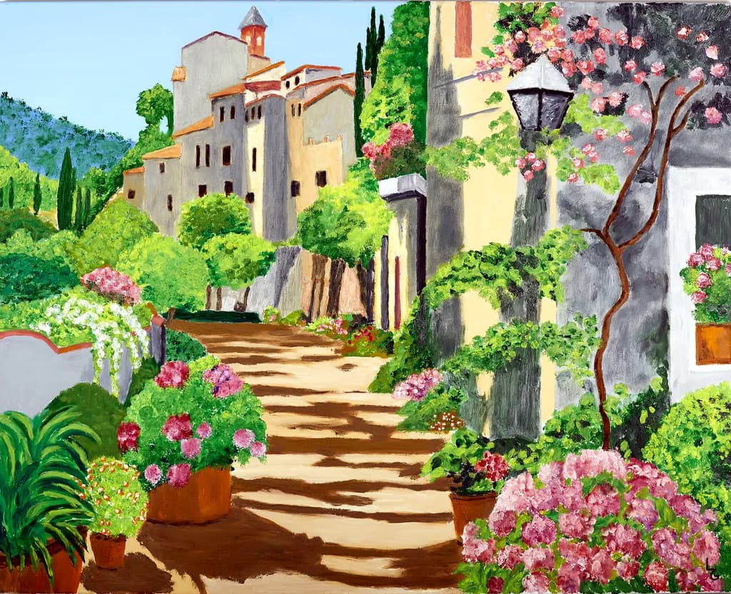 Charming Pathway Through a Flower-Laden Village: A Serene Escape into Nature's Embrace