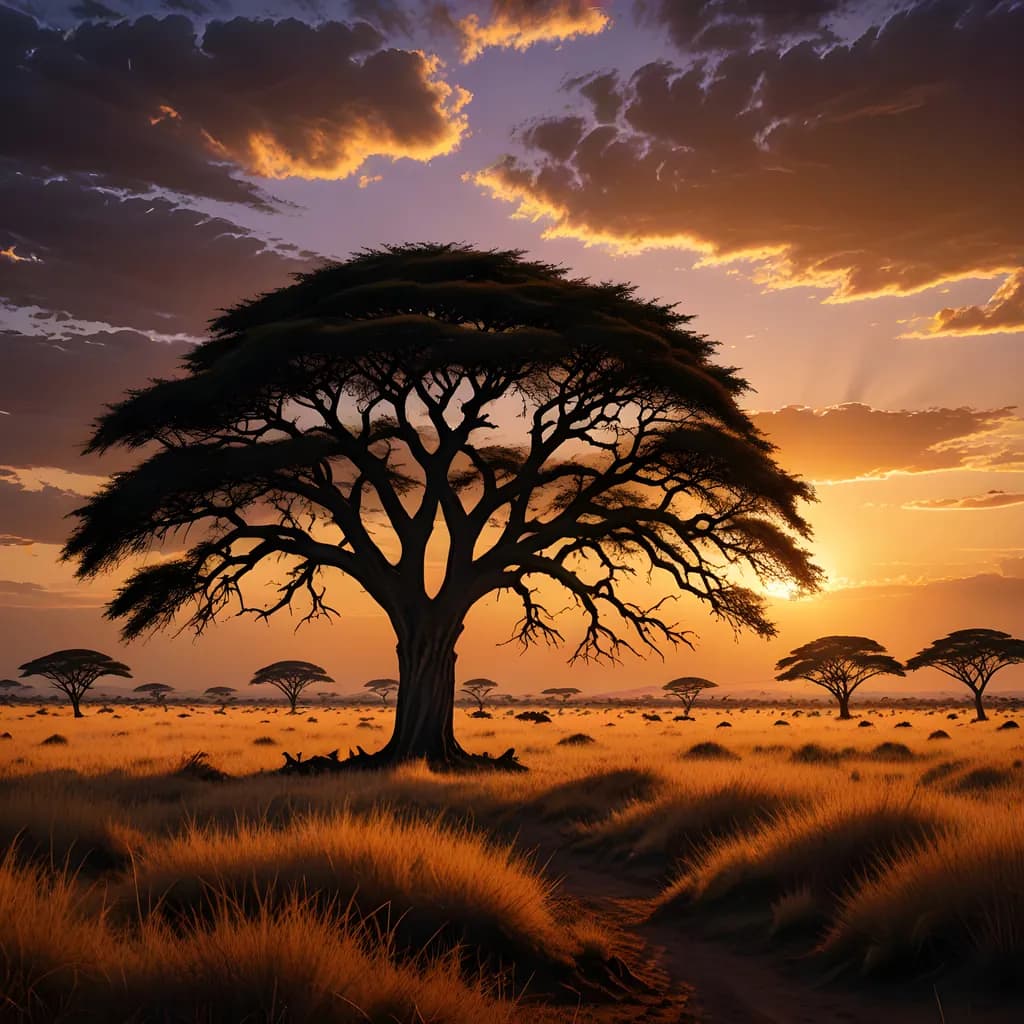 Whispers of the African Sunset: A Majestic Acacia Tree in Golden Light