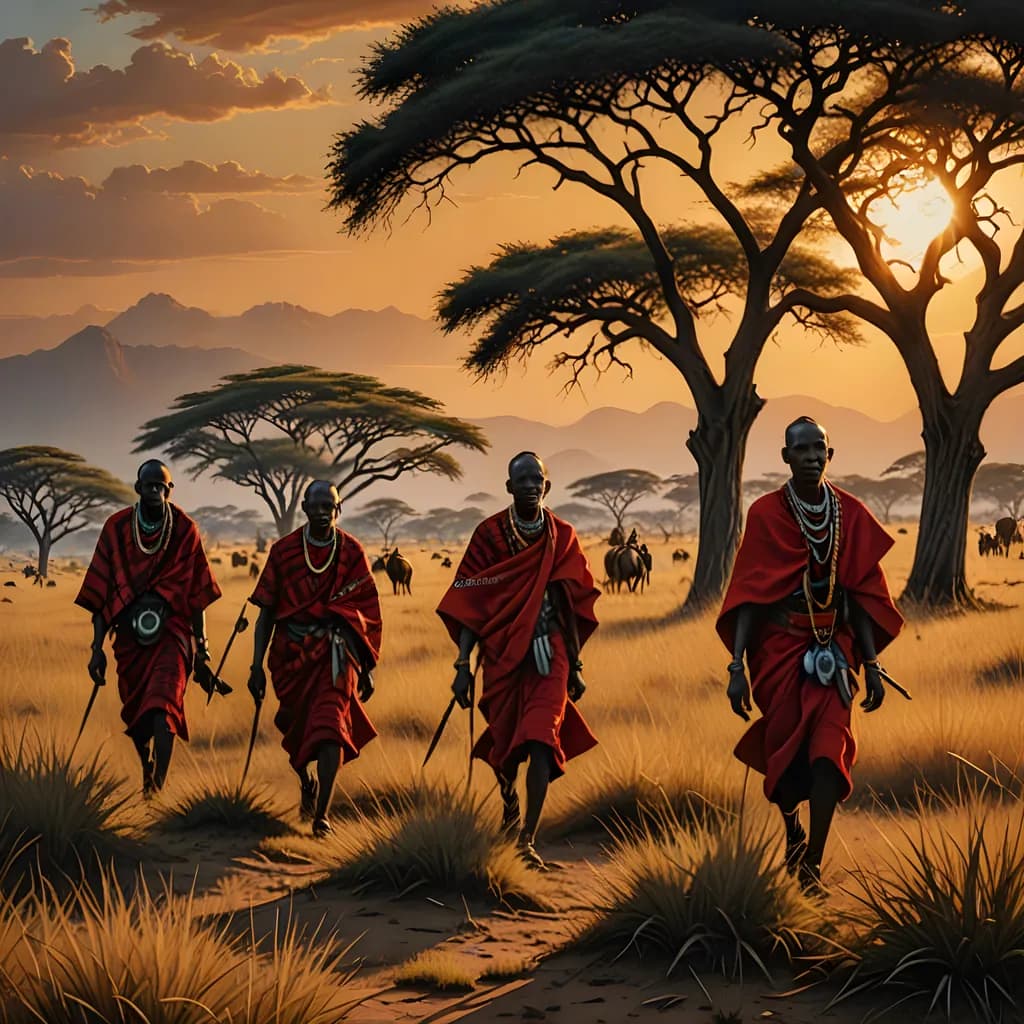 Majestic Journey: The Maasai Warriors at Sunset in the African Savanna
