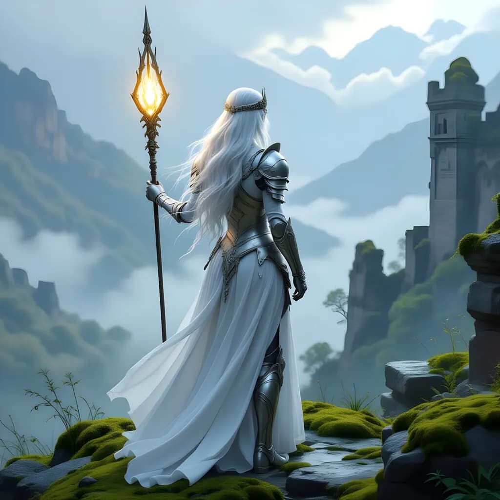 Ethereal Guardian: A Serene Warrior in a Mystical Landscape