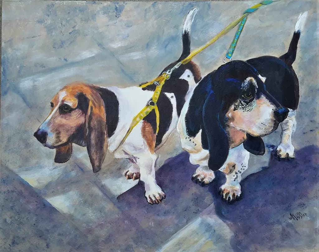 Basset Buddies: A Colorful Canine Encounter on a Sunny Stroll