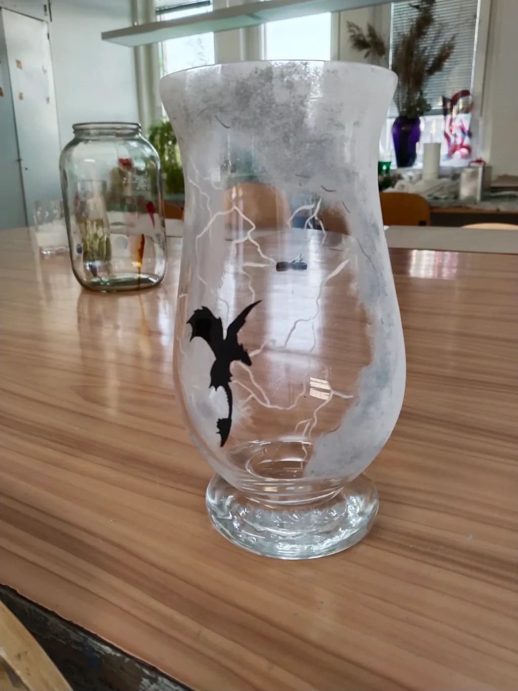 Whispers of the Storm: A Handcrafted Glass Vase with Lightning and Raven Design