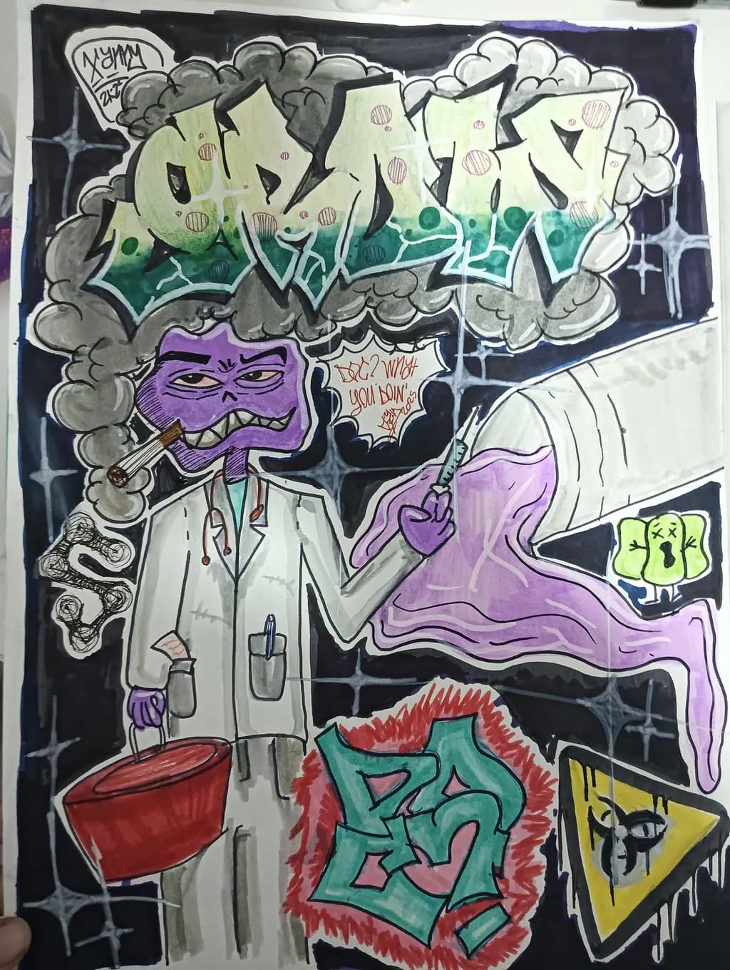 Whimsical Doctor of Graffiti: A Playful Encounter with Smoke and Humor