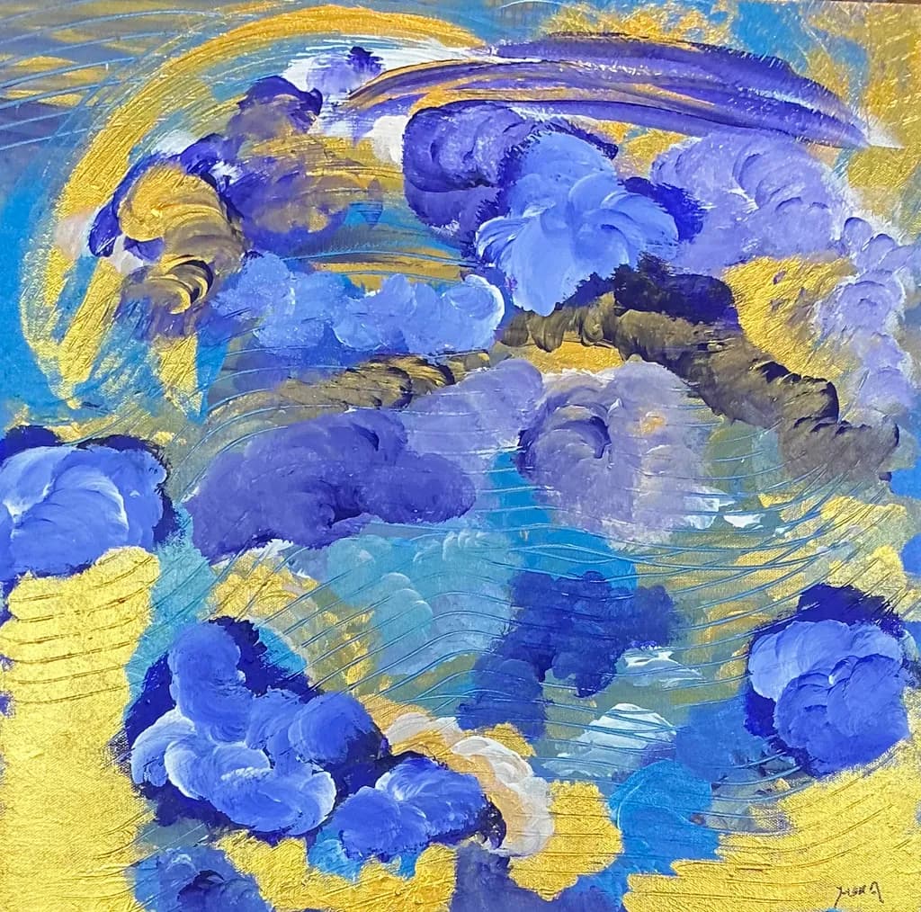Celestial Whispers: A Dance of Blue and Gold Clouds in Abstract Harmony