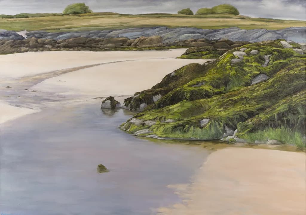 Serenity by the Shore: A Tranquil Landscape of Mossy Rocks and Gentle Tides