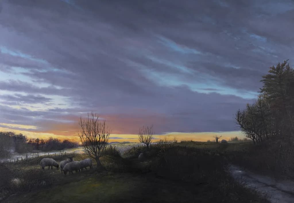 Tranquil Sunset Over Sheep-Laden Fields: A Serene Landscape Escape