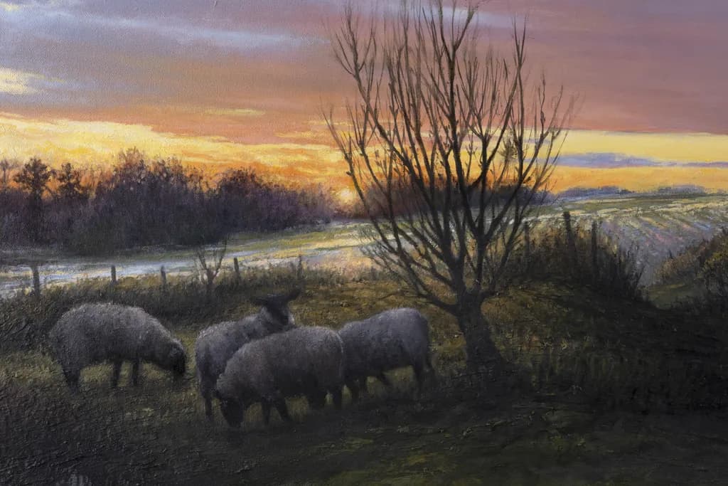 Serene Pastoral Sunset: Grazing Sheep in Tranquil Landscape