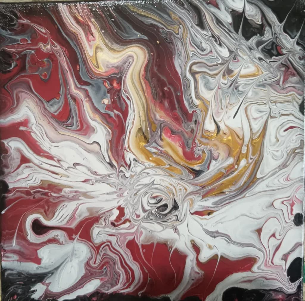 Whirlwind of Color: An Abstract Dance of Swirls and Textures in Red, Gold, and White