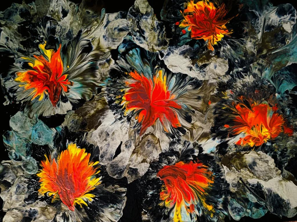 Vibrant Flames: A Dance of Colorful Blossoms on Dark Canvas