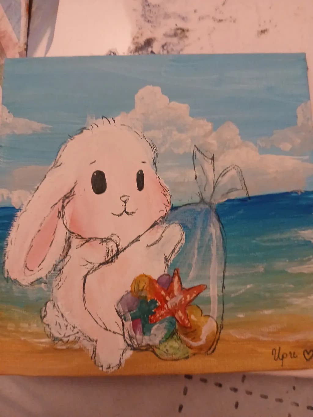 Whimsical Bunny Collecting Treasures by the Shoreline