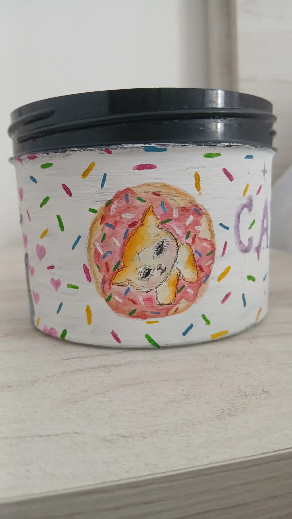 Whimsical Cat in a Donut: A Playful Painted Container for Sweet Treats and Treasures