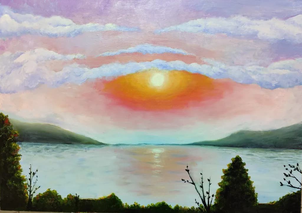 Serene Sunset Reflections: A Tranquil Landscape of Water and Clouds