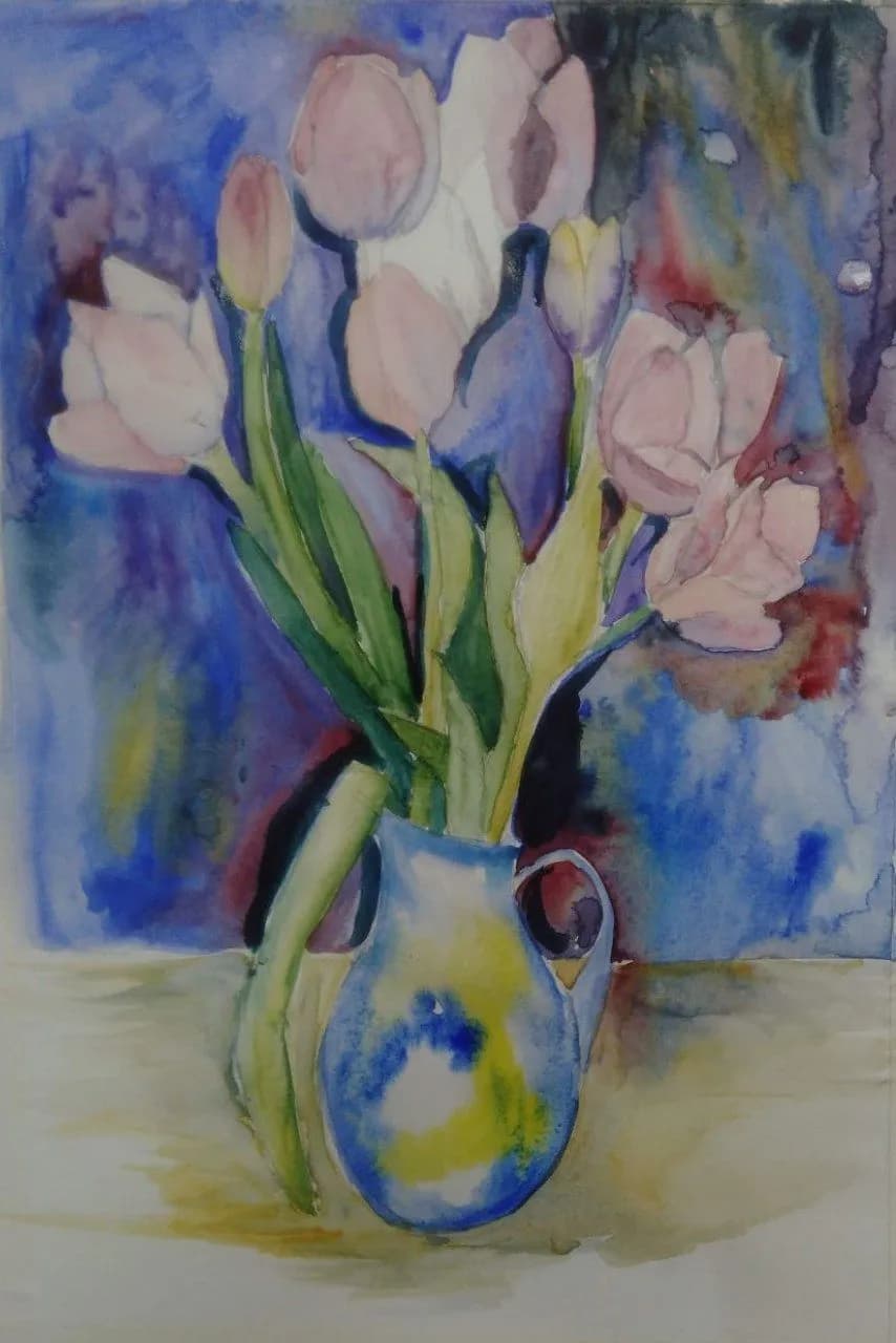 Whispers of Spring: A Watercolor Still Life of Tulips in a Vibrant Vase