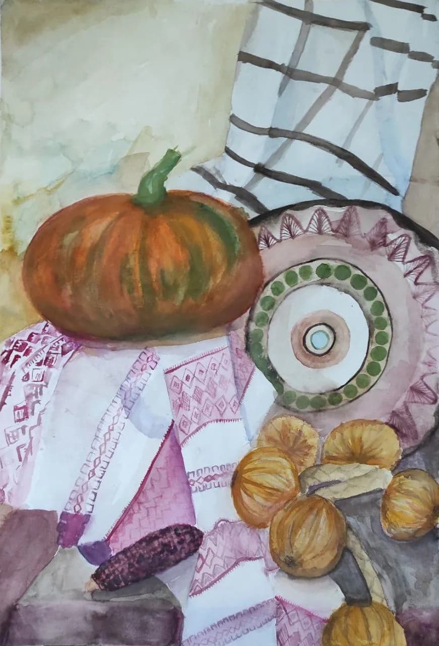 Autumn's Embrace: A Watercolor Still Life of Harvested Bounty and Textiles
