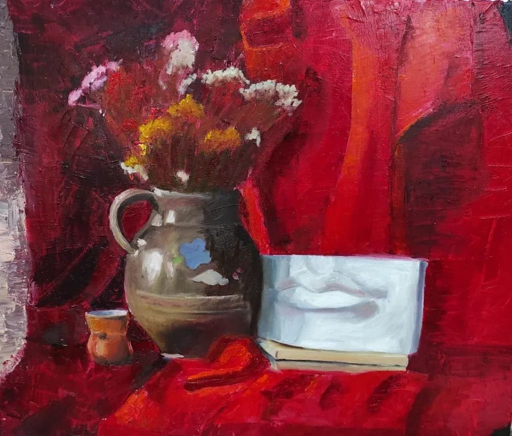 Vibrant Harmony: A Still Life of Flowers, Clay, and Whispering Textures