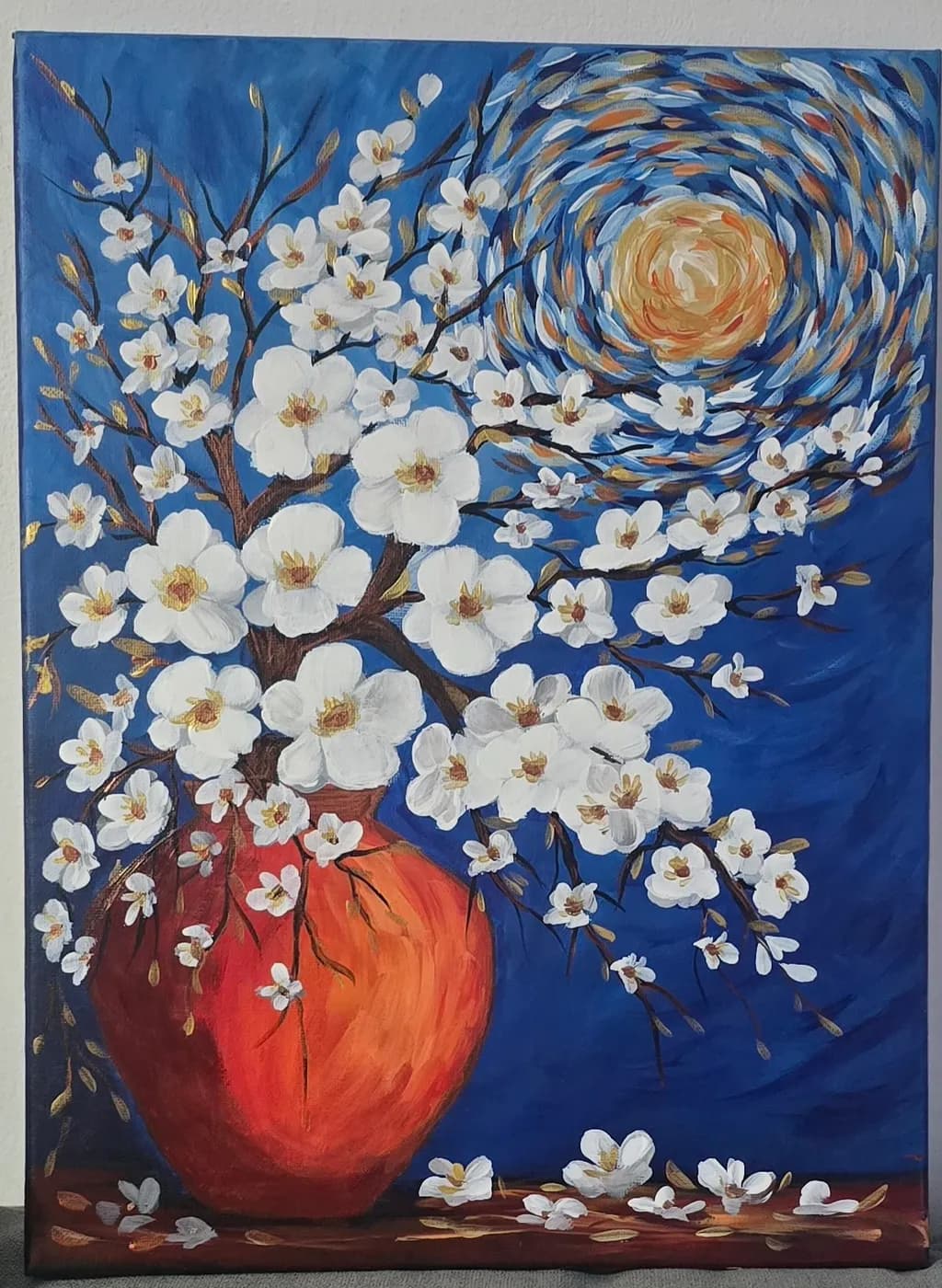 Blossoms in a Vibrant Vase: A Dance of White Flowers Against a Deep Blue Sky