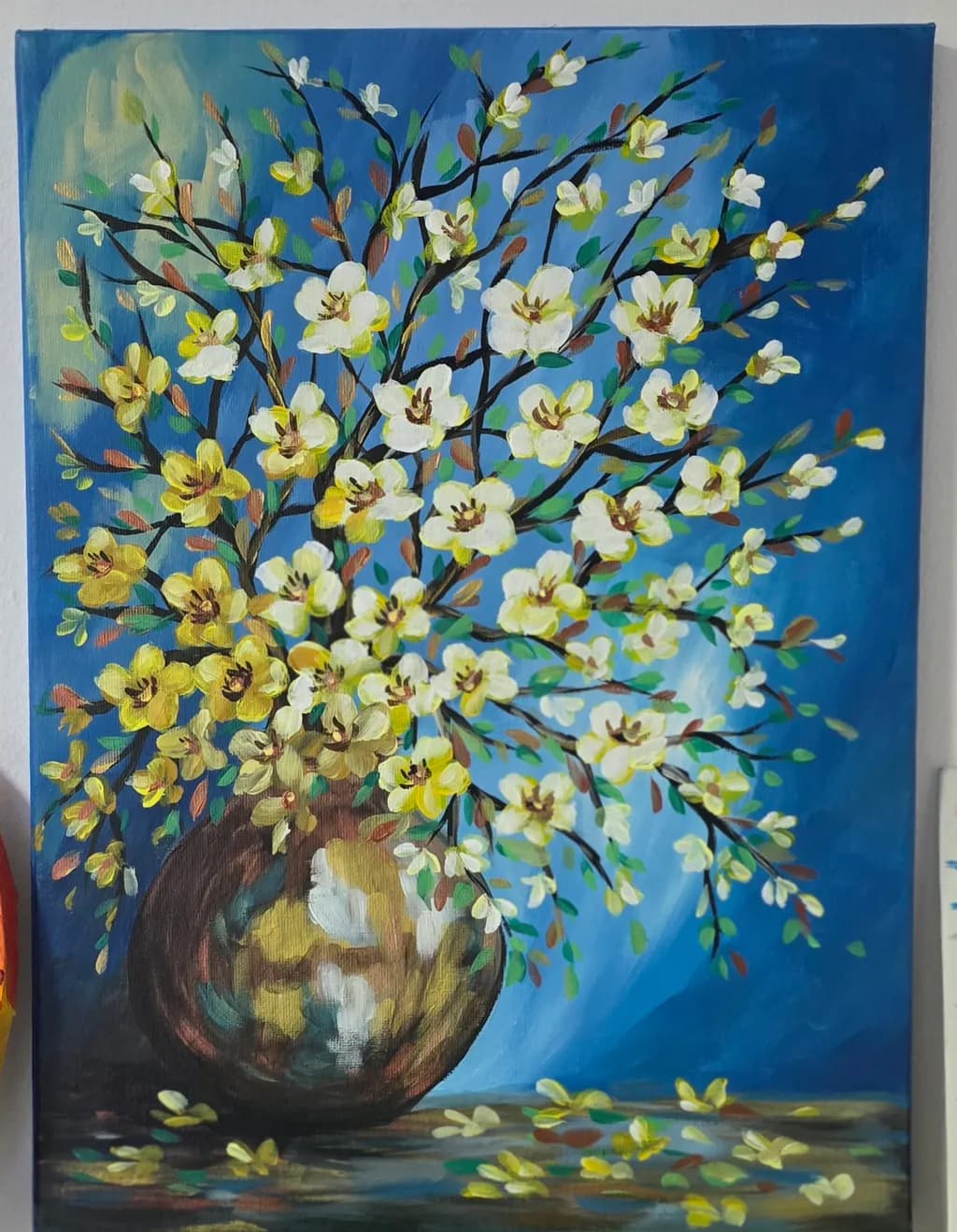 Blossoms in Blue: A Vibrant Floral Symphony in a Rustic Vase