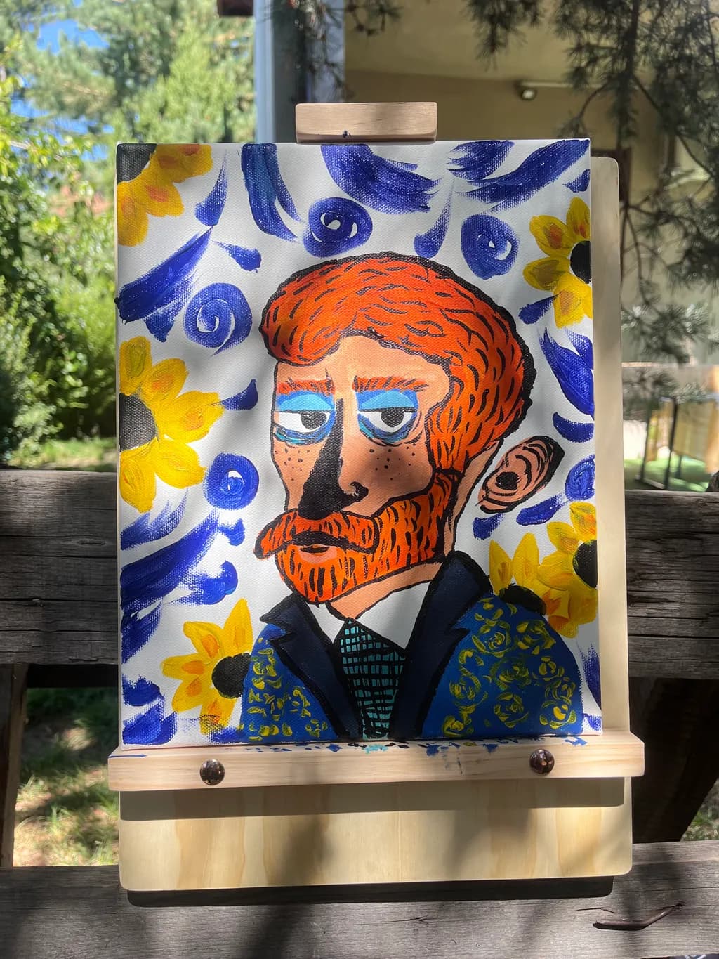 Vibrant Portrait of a Dreamer Amidst Sunflowers and Swirls