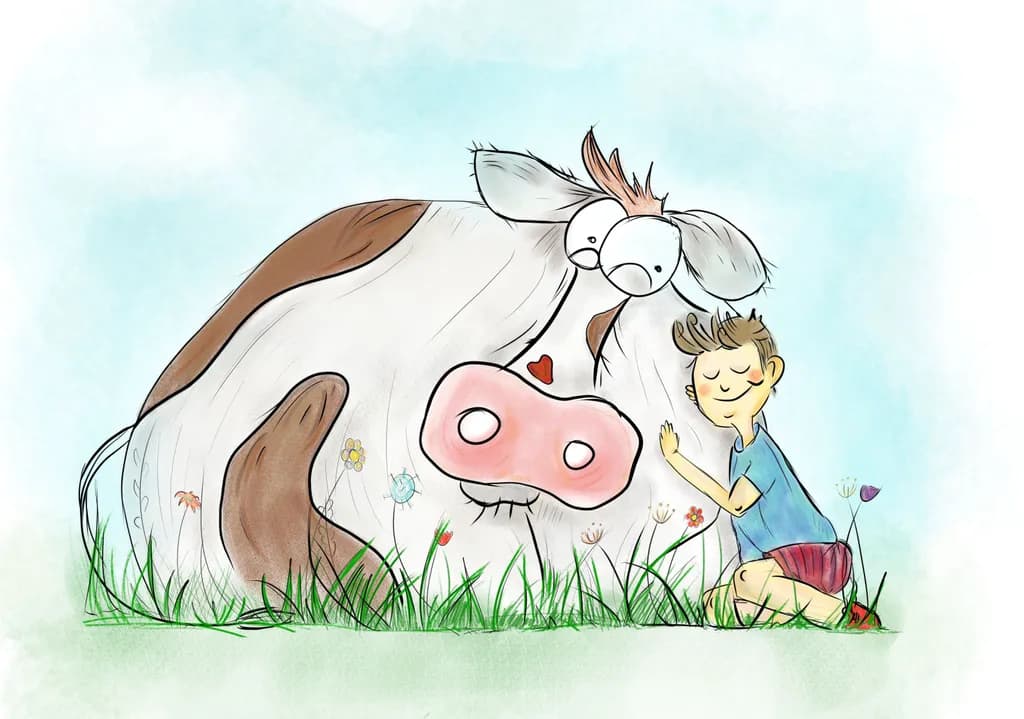 Whimsical Bond: A Boy's Heartfelt Embrace with His Gentle Cow Companion