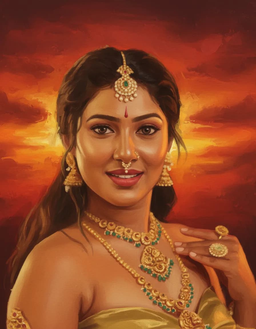 Radiant Elegance: A Glamorous Portrait of Traditional Beauty at Sunset