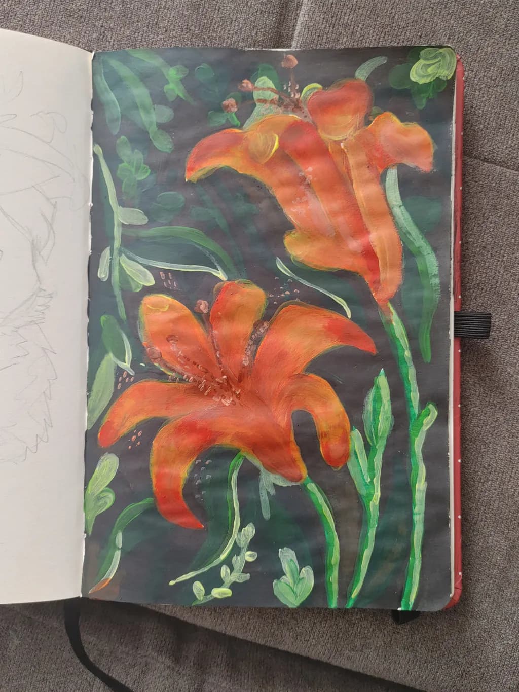 Vibrant Lilies: A Dance of Orange and Green on Dark Canvas
