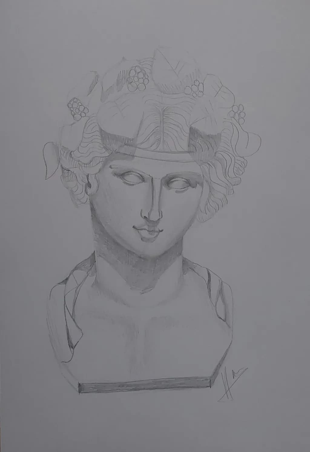 Ethereal Elegance: A Captivating Sketch of a Classical Bust Adorned with Nature's Bounty