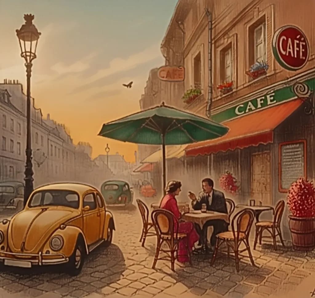 Charming Café Conversations at Sunset: A Nostalgic Journey Through Time