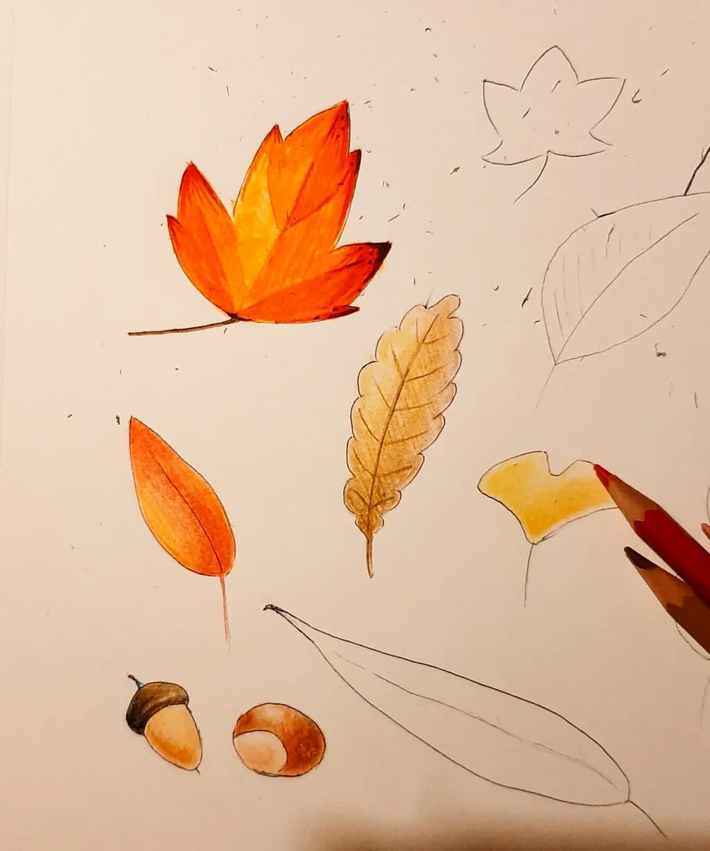 Autumn's Palette: A Study of Leaves and Acorns in Vibrant Watercolor