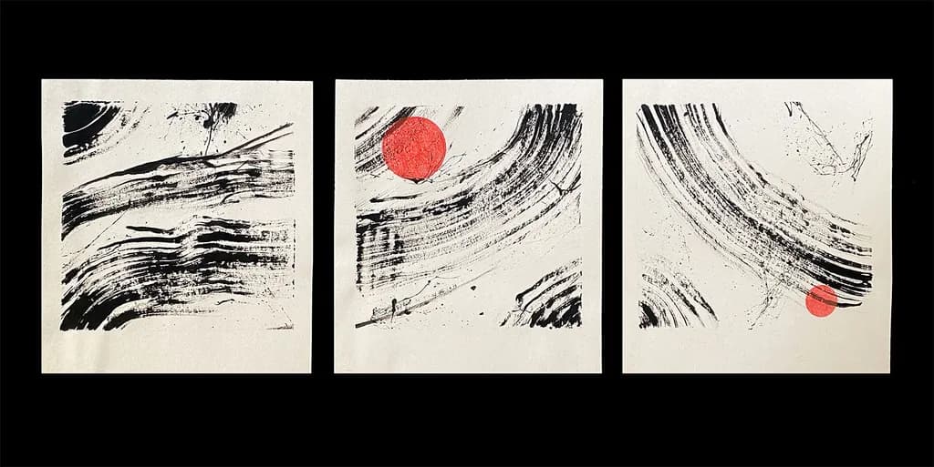 Ethereal Harmony: A Triptych of Bold Red and Fluid Black Lines