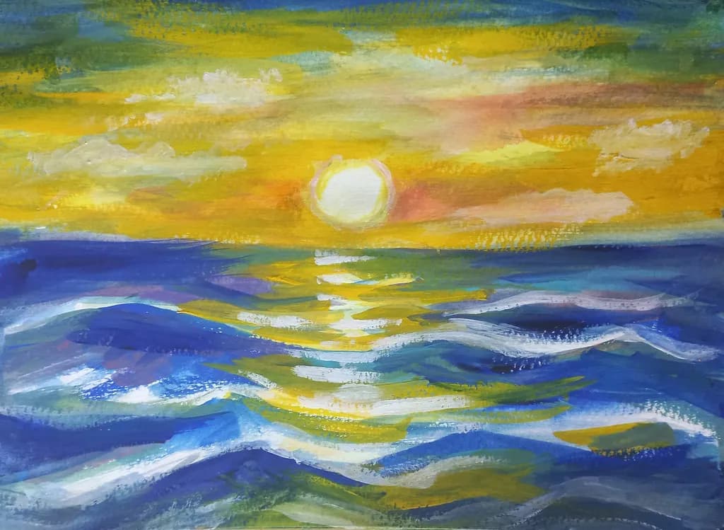 Serene Sunset Over Tranquil Waves: A Vibrant Ocean Landscape in Watercolor