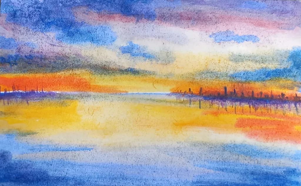 Serene Sunset Reflections: A Vibrant Watercolor Landscape Experience