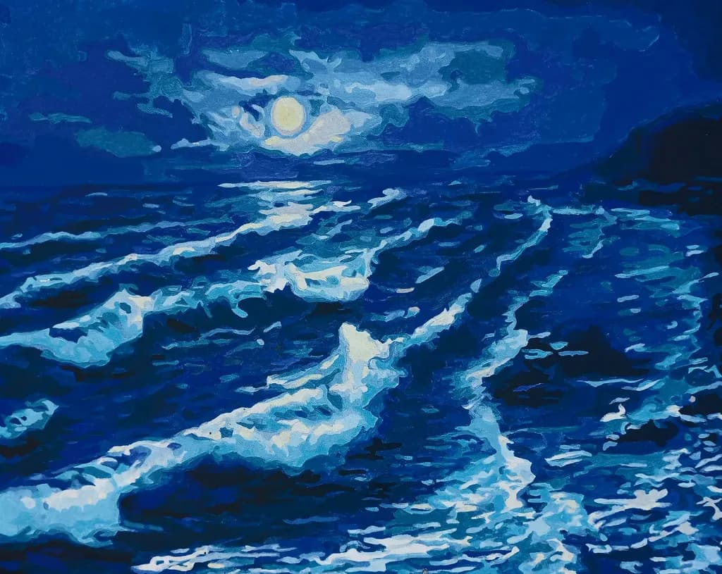 Moonlit Waves: A Serene Ocean Nightscape in Deep Blue Tones