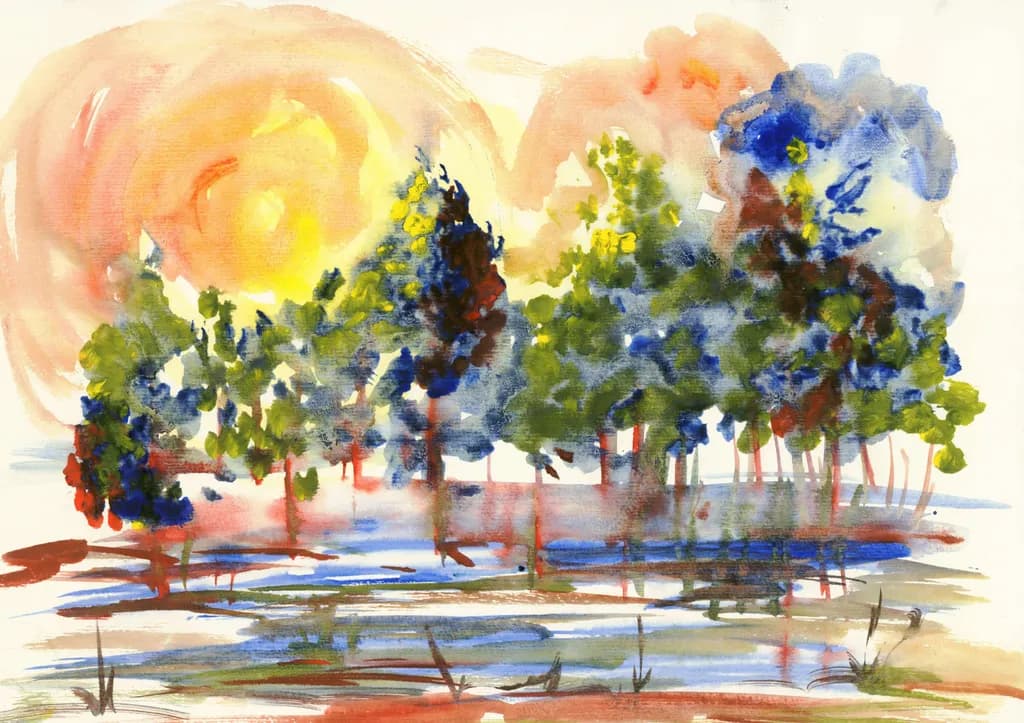 Vibrant Sunset Reflections: A Watercolor Landscape of Nature's Serenity