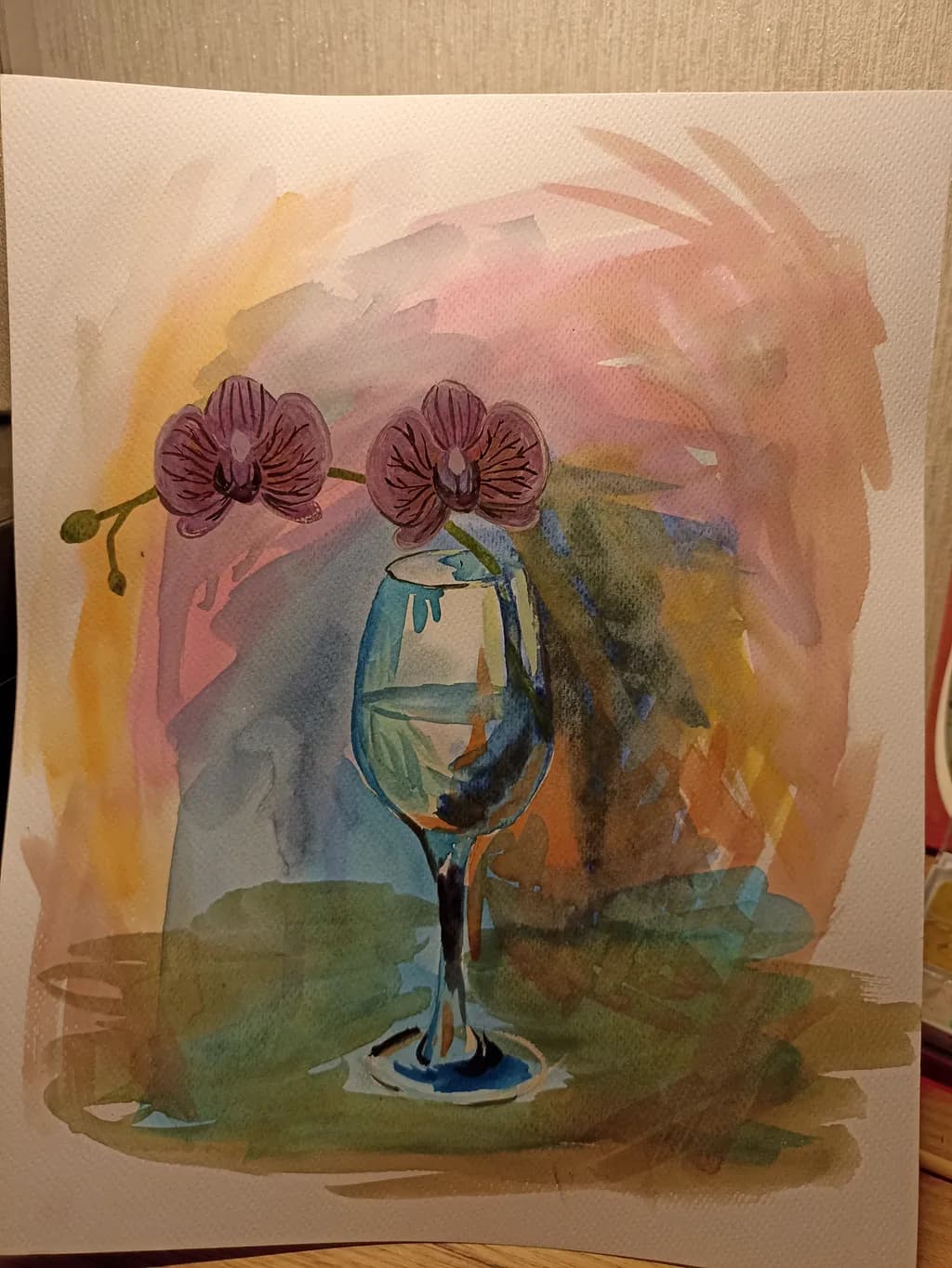 Whispers of Elegance: A Watercolor Dance of Orchids and Glass