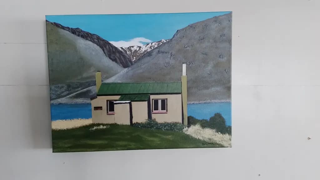 Serenity in the Mountains: A Tranquil Cottage Landscape Painting by the Water