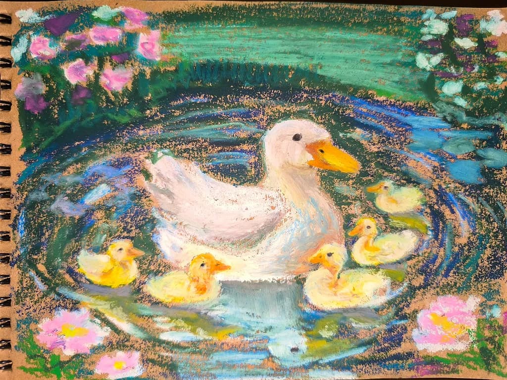 Gentle Ripples: A Mother Duck and Her Ducklings Amidst Blossoming Flowers