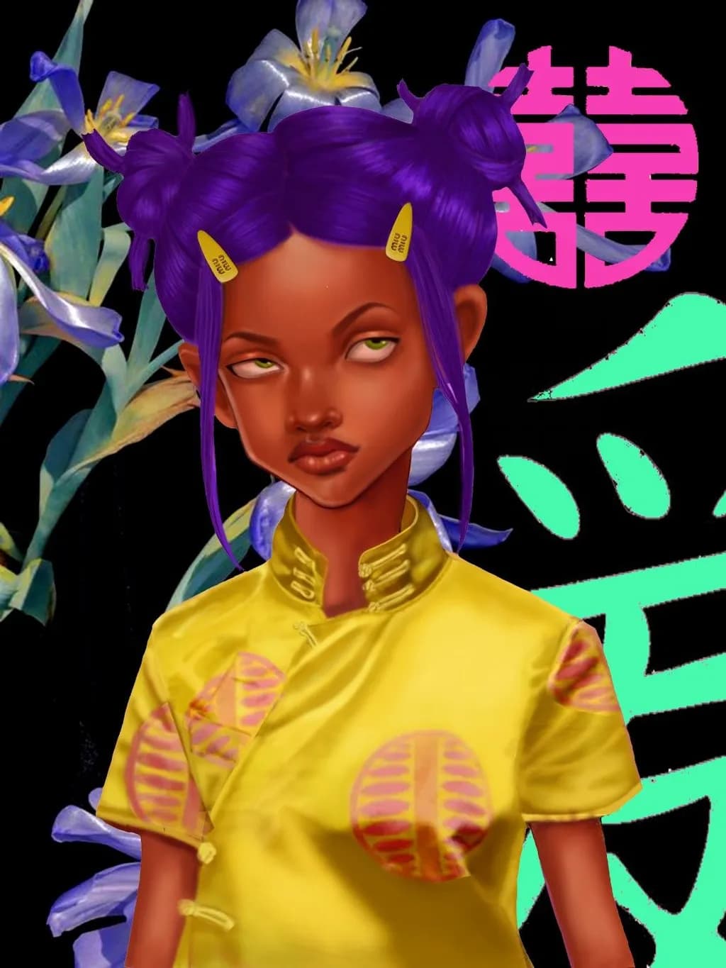 Vibrant Portrait of Expression: A Stylish Fusion of Floral Elegance and Bold Colors