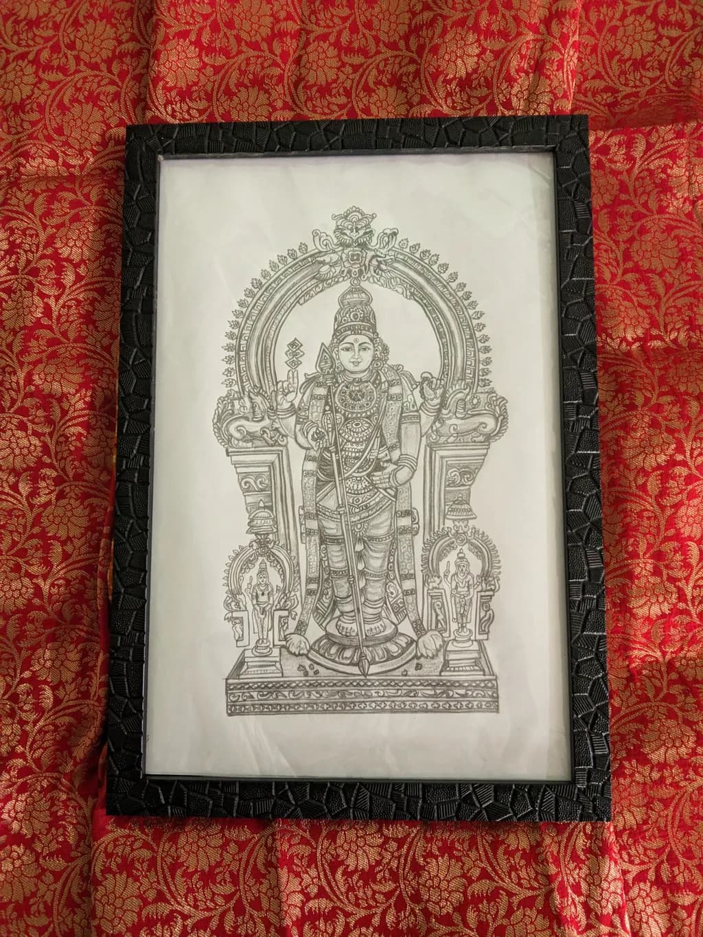 Divine Elegance: Intricate Sketch of a Hindu Deity in Regal Frame