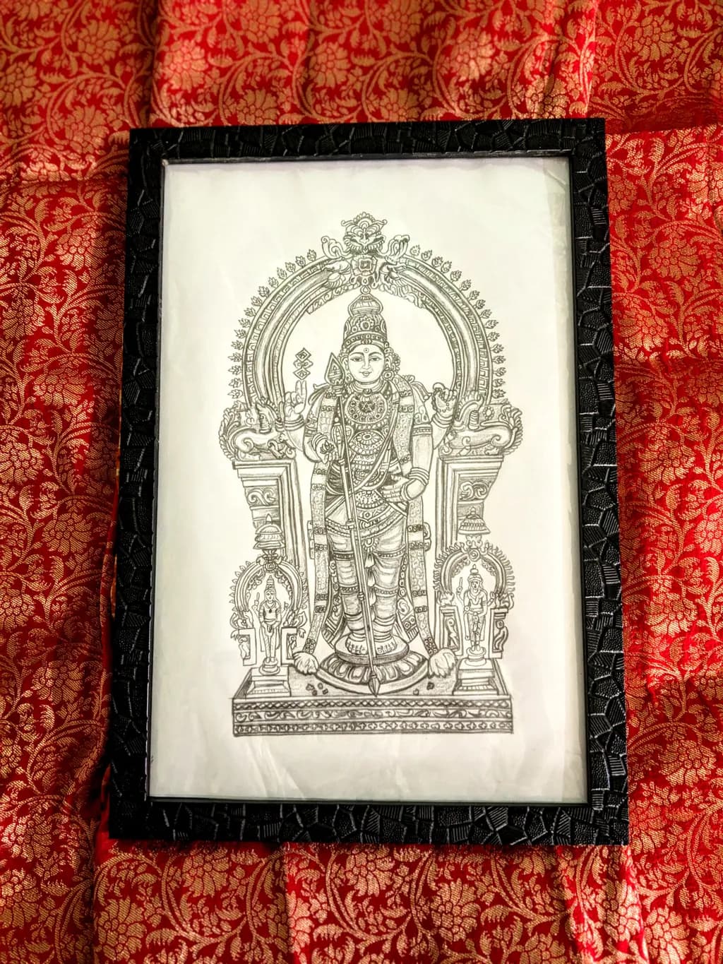 Divine Elegance: Intricate Line Art of a Sacred Deity in Exquisite Frame