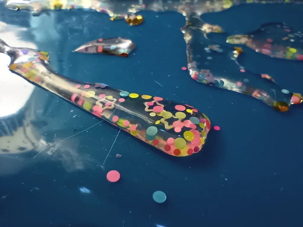 Colorful Reflections: A Playful Dance of Glitter and Gel on Blue Canvas