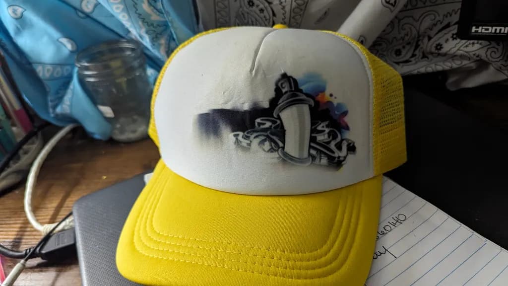 Urban Vibes: Yellow Trucker Hat with Graffiti Spray Can Design