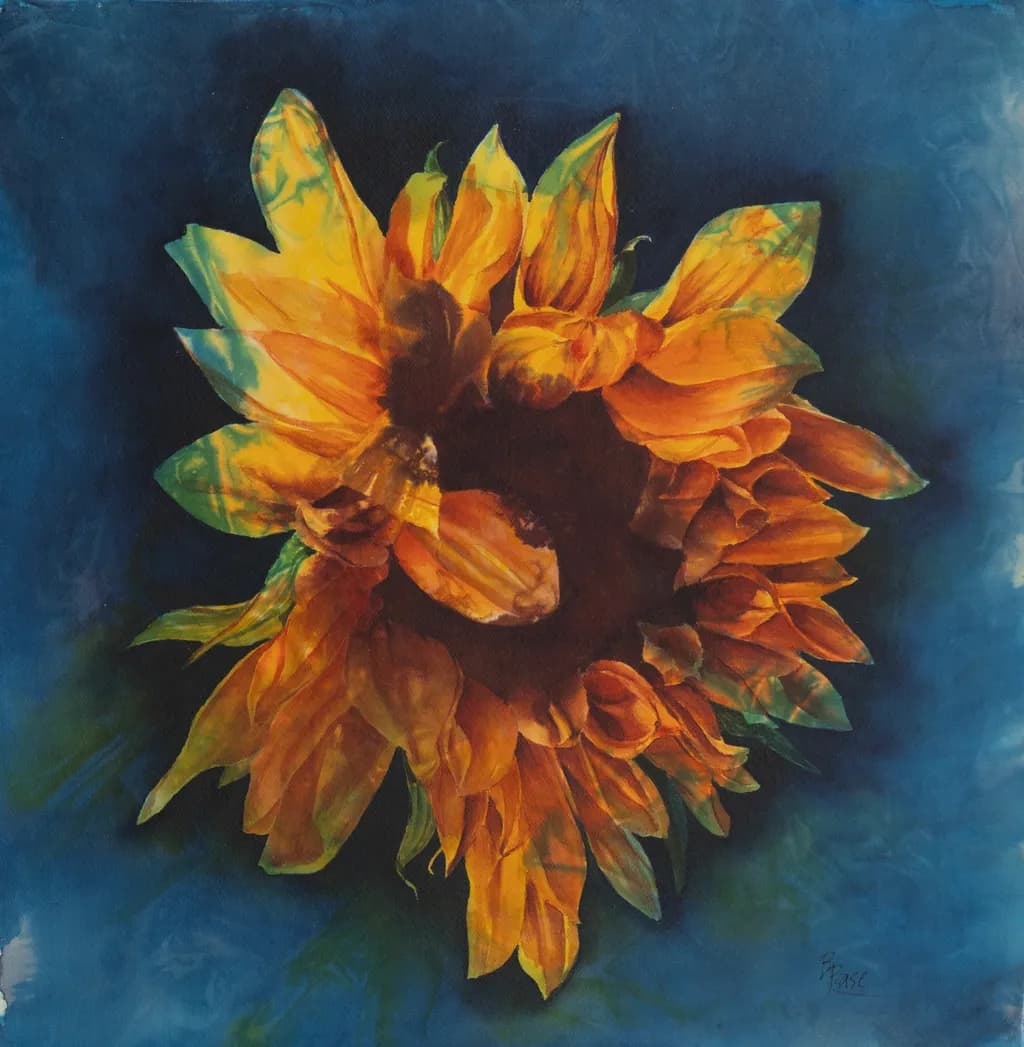 Golden Embrace: A Sunflower's Dance Against the Deep Blue Canvas