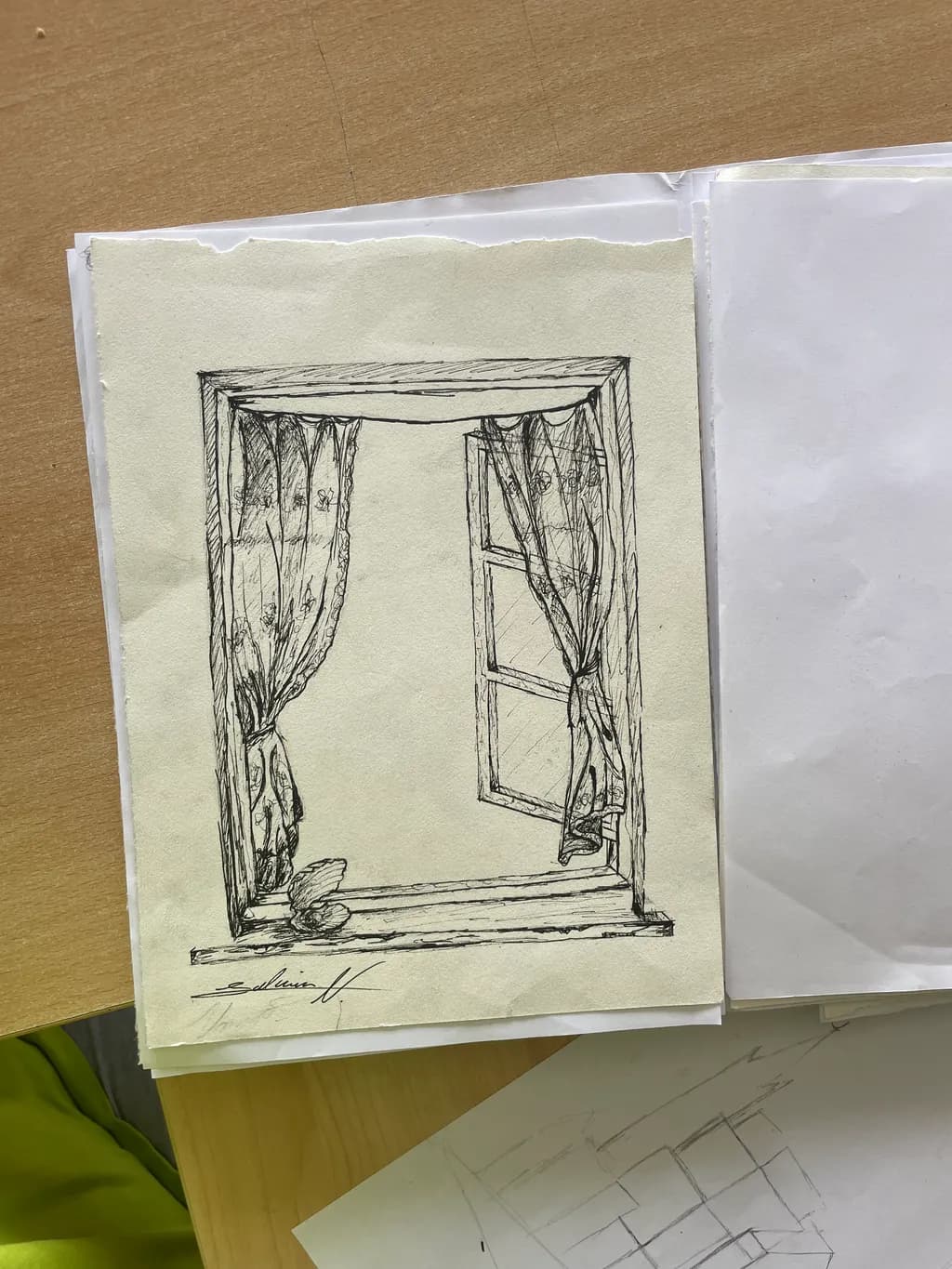 Whispers of Light: A Serene Window Sketch with Flowing Curtains