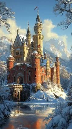 Enchanted Winter Castle: A Majestic Retreat Amidst Snowy Peaks