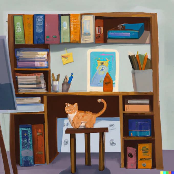 Whimsical Workspace: A Cozy Cat's Retreat Among Colorful Books and Art Supplies