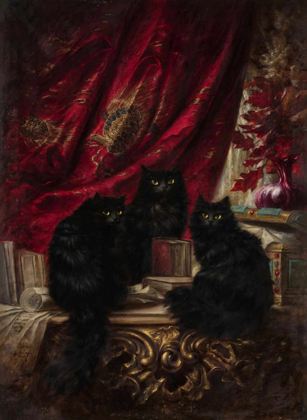 Whispers of the Night: Three Black Cats Amidst Books and Rich Red Drapery