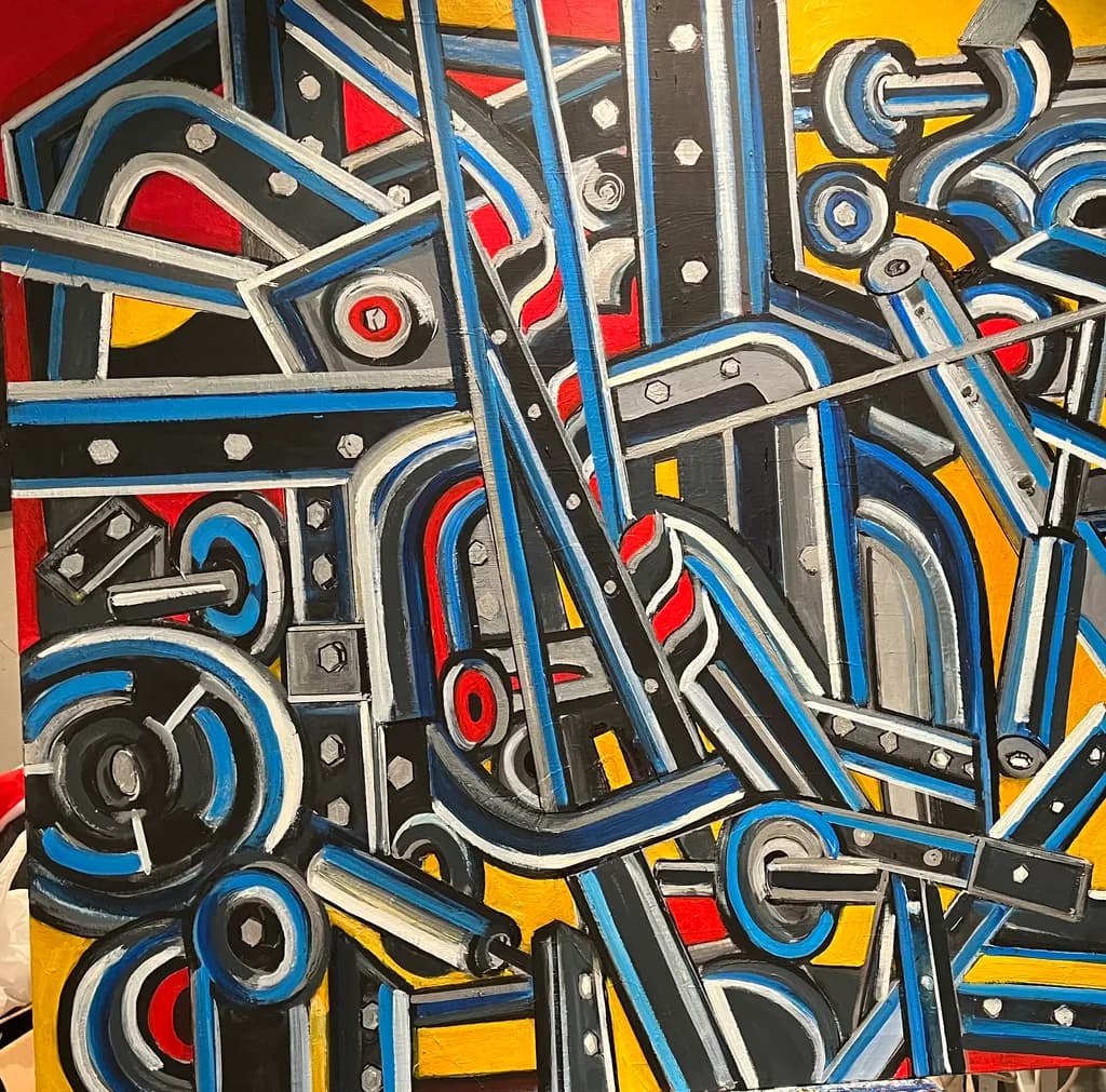 Dynamic Geometric Symphony: A Vibrant Exploration of Industrial Abstract Art