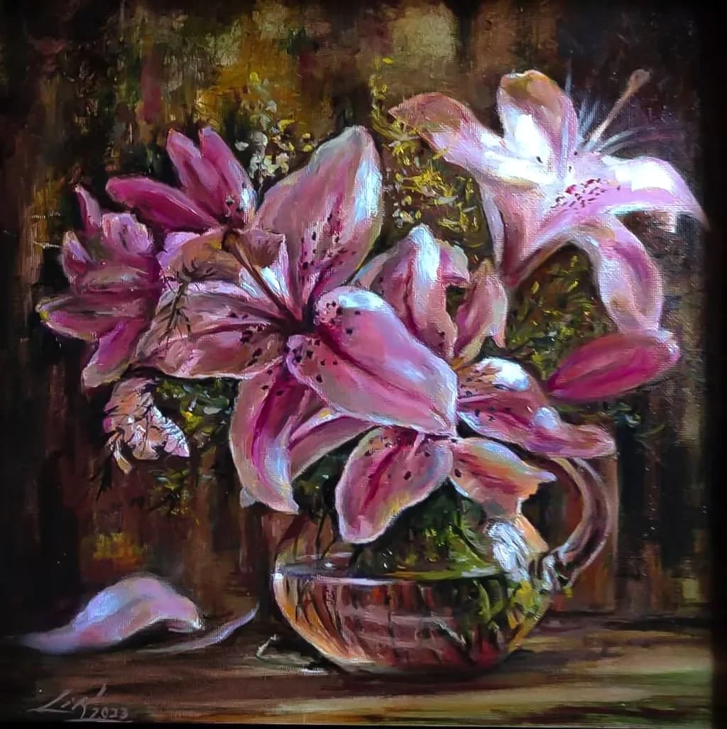 Pink Lilies in Glass