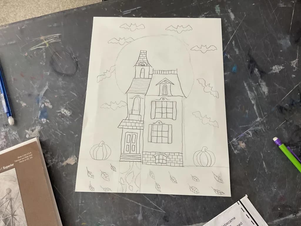 Whispers of Autumn: A Haunted House Sketch with Pumpkins and Bats